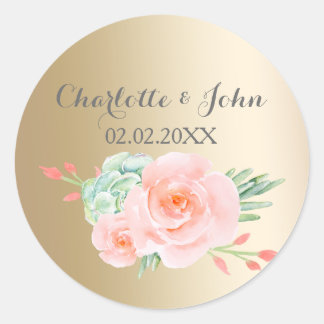 Watercolor Succulent Blush Floral Elegant Wedding Classic Round Sticker