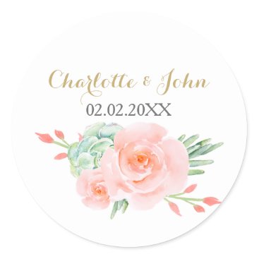 Watercolor Succulent Blush Floral Elegant Wedding Classic Round Sticker