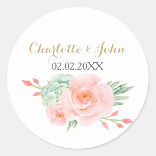 Watercolor Succulent Blush Floral Elegant Wedding Classic Round Sticker