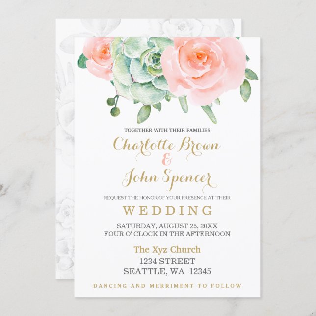 Watercolor Succulent Blush Floral Elegant Wedding Invitation (Front/Back)