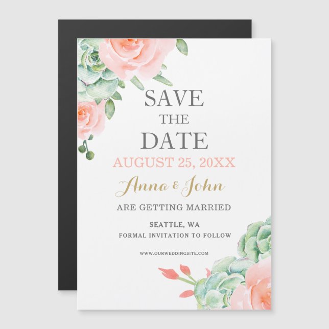 Watercolor Succulent Blush Floral Elegant Wedding Magnetic Invitation (Front/Back)