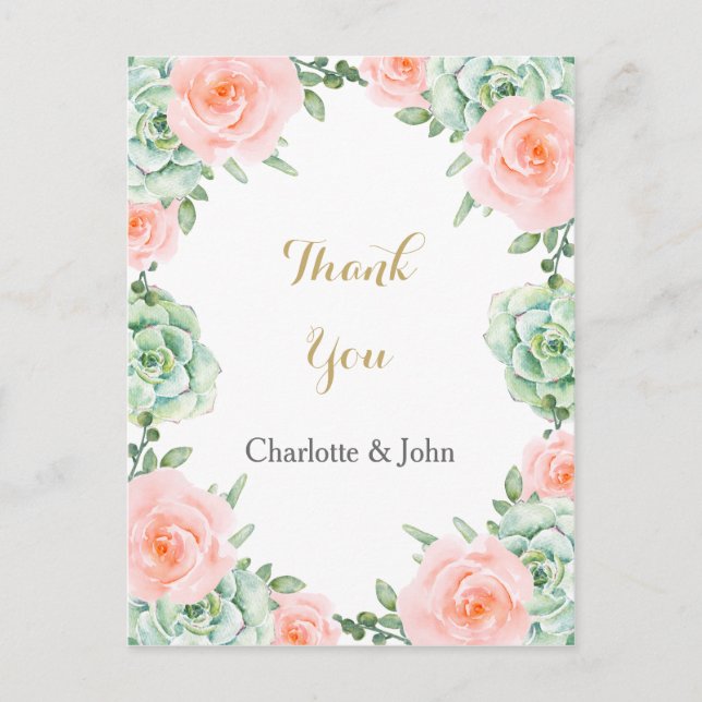 Watercolor Succulent Blush Floral Elegant Wedding Postcard (Front)