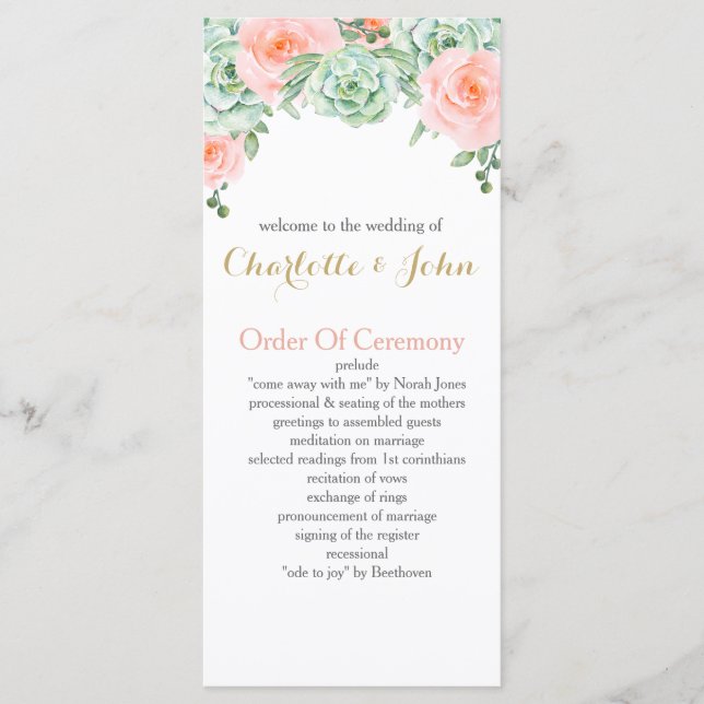 Watercolor Succulent Blush Floral Elegant Wedding Program (Front)