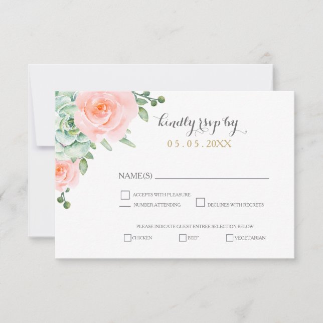 Watercolor Succulent Blush Floral Elegant Wedding RSVP Card (Front)