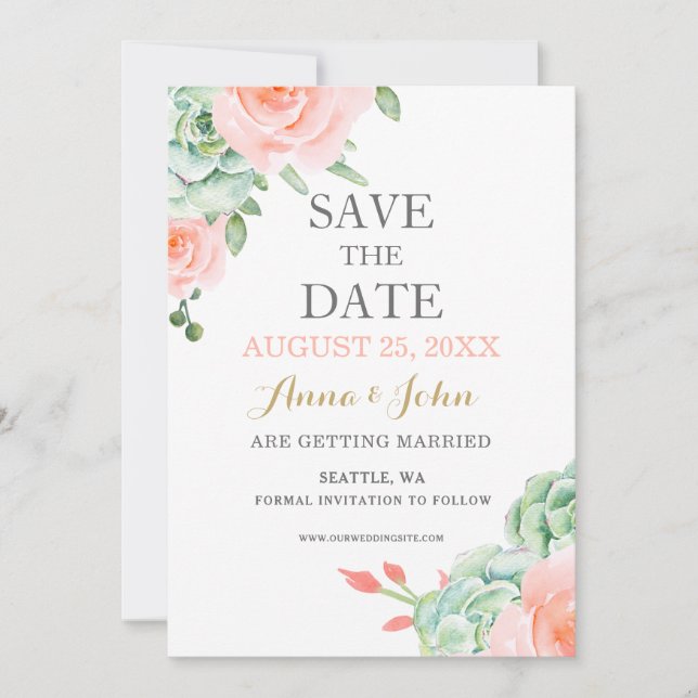 Watercolor Succulent Blush Floral Elegant Wedding Save The Date (Front)