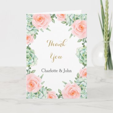Watercolor Succulent Blush Floral Elegant Wedding Thank You Card