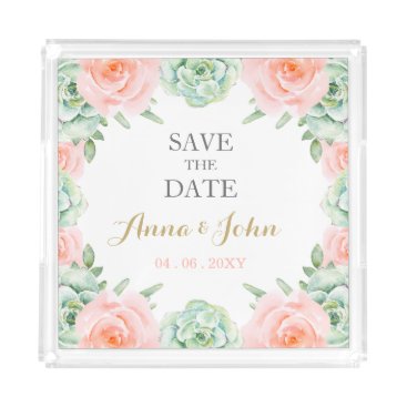 Watercolor Succulent Blush Floral Save The Date Acrylic Tray