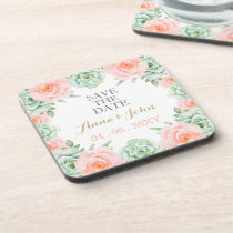 Watercolor Succulent Blush Floral Save The Date Beverage Coaster