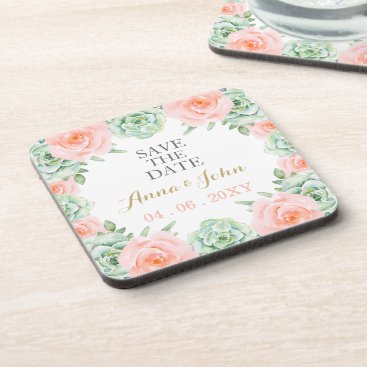 Watercolor Succulent Blush Floral Save The Date Beverage Coaster