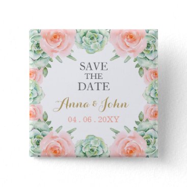 Watercolor Succulent Blush Floral Save The Date Button
