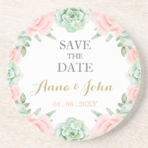Watercolor Succulent Blush Floral Save The Date Coaster