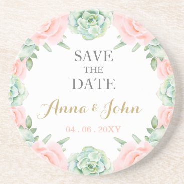 Watercolor Succulent Blush Floral Save The Date Coaster