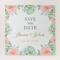 Watercolor Succulent Blush Floral Save The Date Jigsaw Puzzle