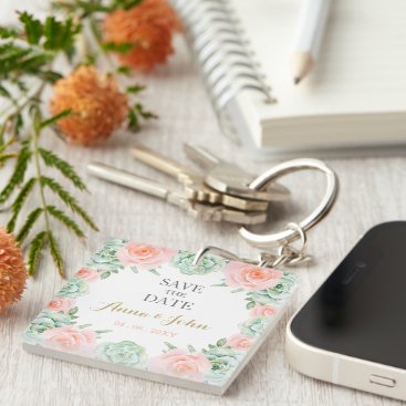 Watercolor Succulent Blush Floral Save The Date Keychain