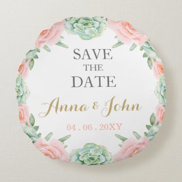 Watercolor Succulent Blush Floral Save The Date Round Pillow