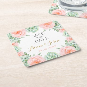 Watercolor Succulent Blush Floral Save The Date Square Paper Coaster