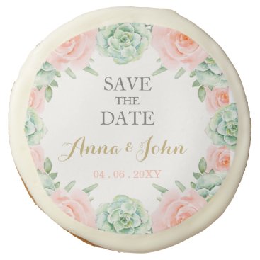 Watercolor Succulent Blush Floral Save The Date Sugar Cookie