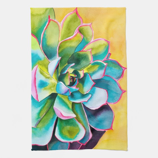Watercolor succulent botanical kitchen towel (Vertical)