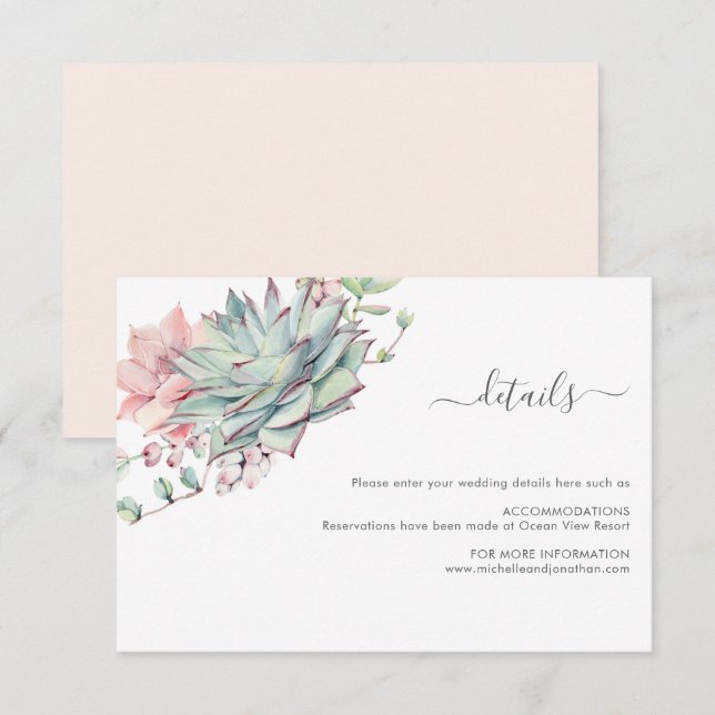 Watercolor Succulent Botanical Wedding Details Enclosure Card (Front/Back)
