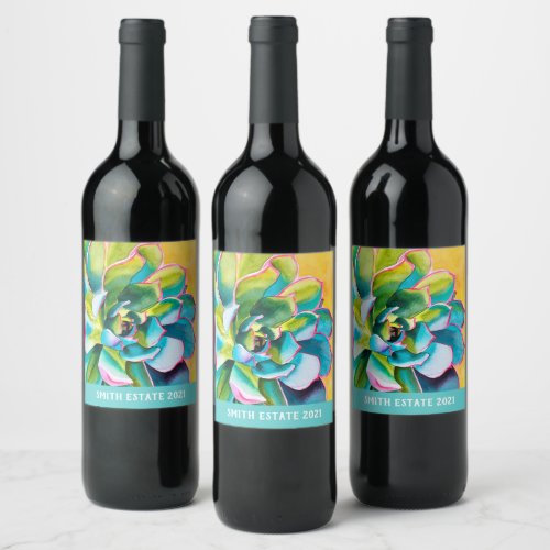 Watercolor succulent botanical wine label