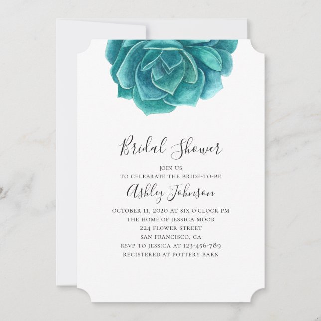 Watercolor succulent bridal shower. Teal cactus Invitation (Front)