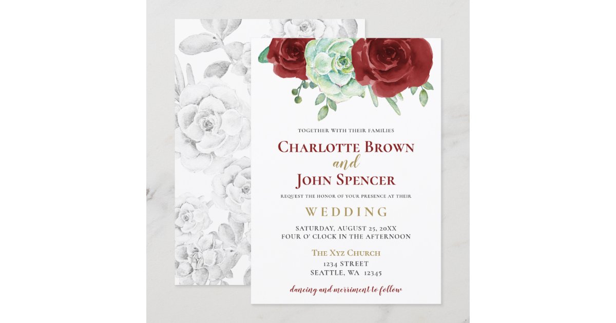 watercolor succulent burgundy gold floral wedding invitation | Zazzle