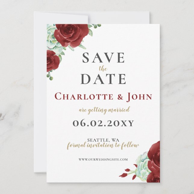 Watercolor succulent burgundy gold save the date (Front)
