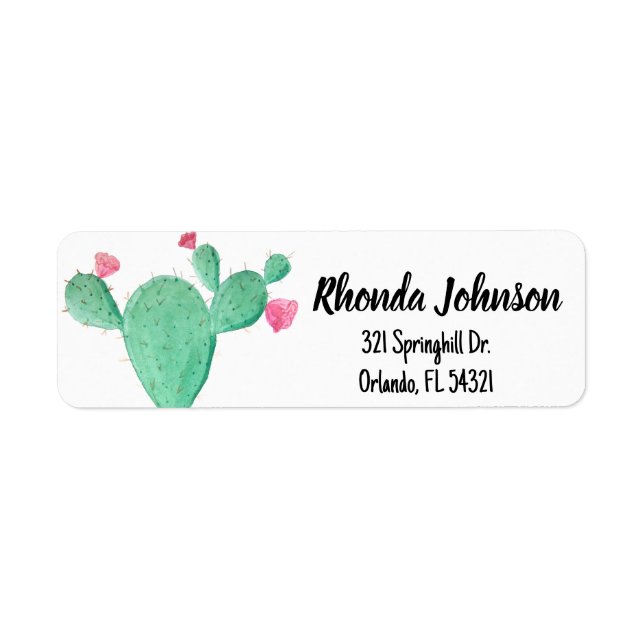 Watercolor Succulent Cacti Pink Flowers Label (Front)