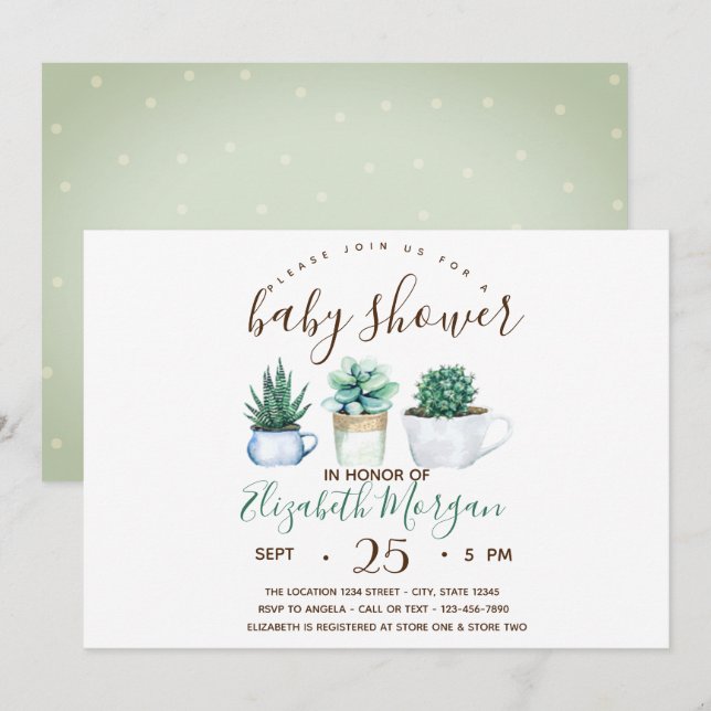 Watercolor Succulent Cactus Dots Baby Shower Invitation (Front/Back)