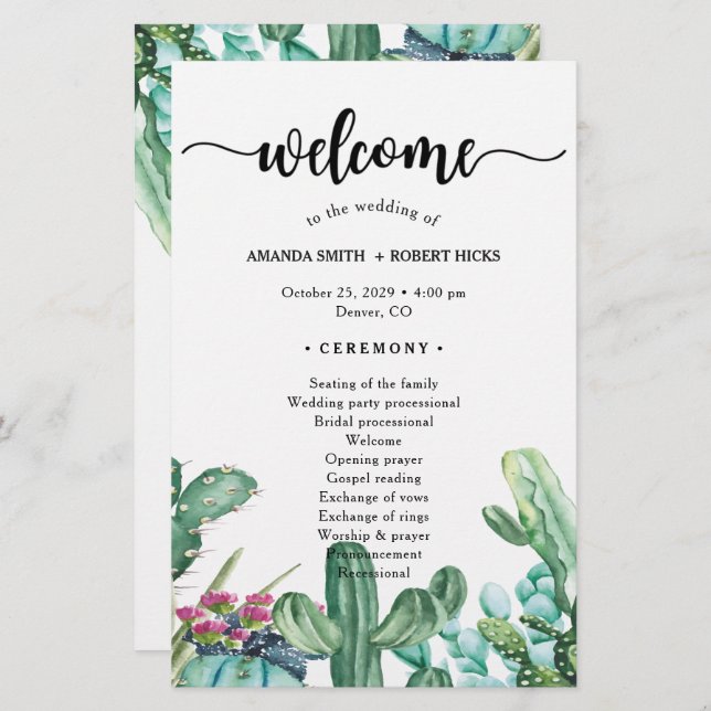 Watercolor Succulent Cactus Floral Wedding Program (Front/Back)