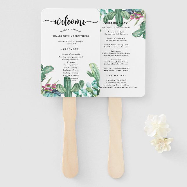 Watercolor Succulent Cactus Floral Wedding Program Hand Fan (Front and Back)