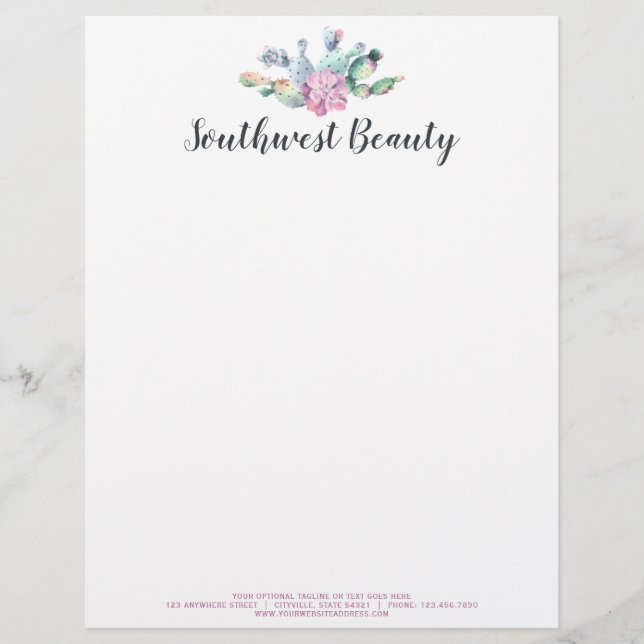 Watercolor Succulent Cactus Prickly Pear Bohemian Letterhead (Front)