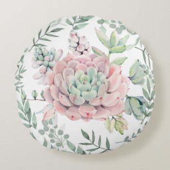 Watercolor Succulent Cactus Round Pillow by FantasyPillows at Zazzle