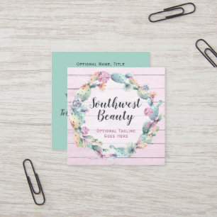 Watercolor Succulent Cactus & Rustic Wood Bohemian Square Business Card