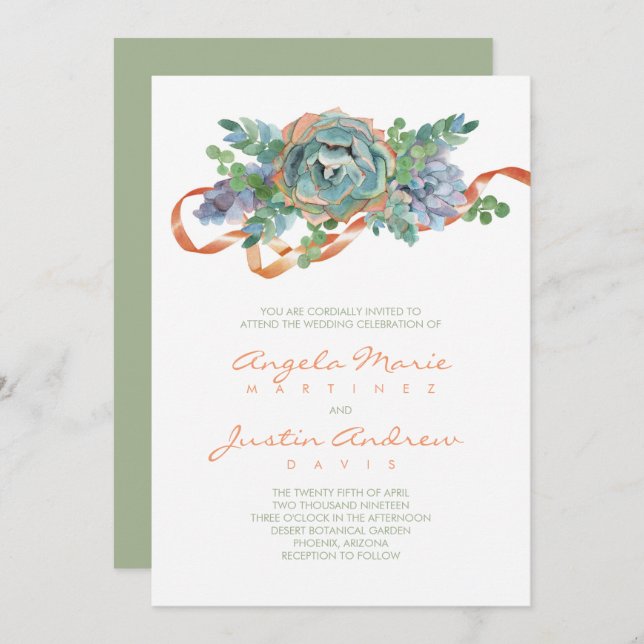 Watercolor Succulent Cluster Wedding Invitation (Front/Back)