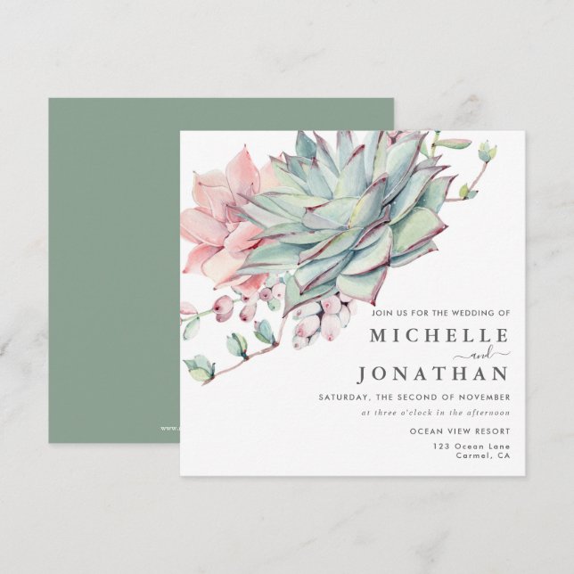 Watercolor Succulent Coastal Wedding Invitation (Front/Back)