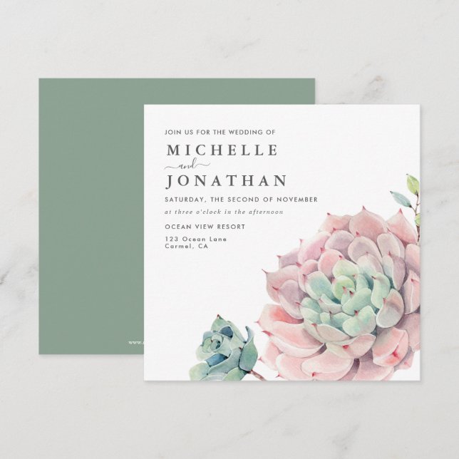 Watercolor Succulent Coastal Wedding Invitation (Front/Back)