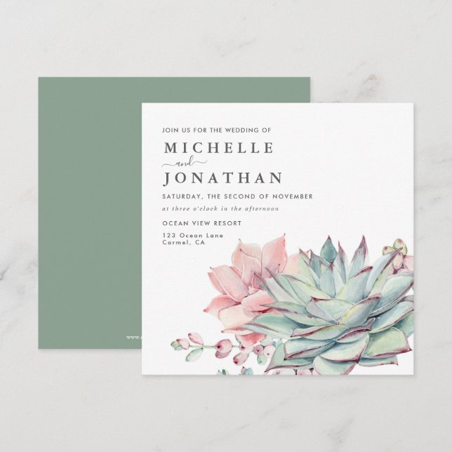 Watercolor Succulent Coastal Wedding Invitation (Front/Back)