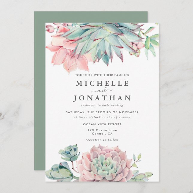 Watercolor Succulent Coastal Wedding Invitation (Front/Back)