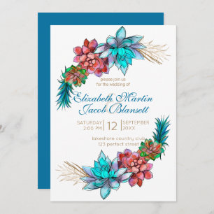 Watercolor Succulent, deep teal Wedding Invitation