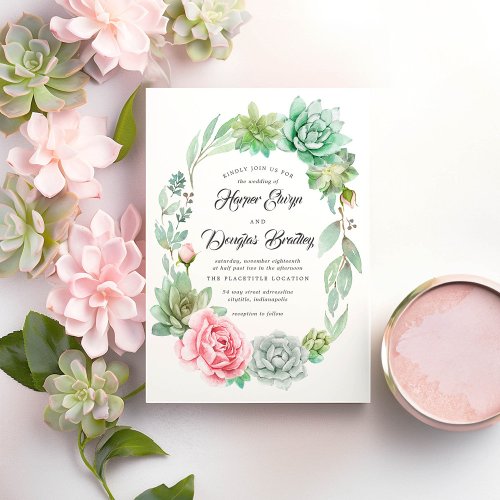 Watercolor Succulent Floral Bloom Rustic Wedding Invitation