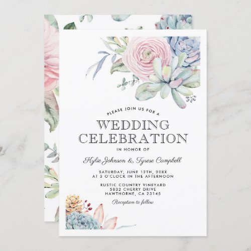 Watercolor Succulent Floral Bloom Vintage Wedding Invitation - Elegant wedding invitations featuring a classic white background, a watercolor display of pastel flowers & succulents, and a stylish wedding template that is easy to personalize.