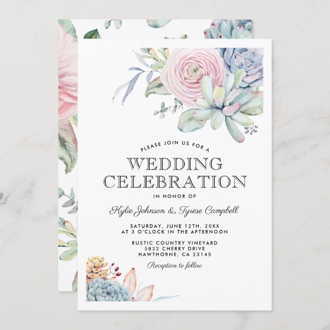 Watercolor Succulent Floral Bloom Vintage Wedding Invitation (Front/Back)