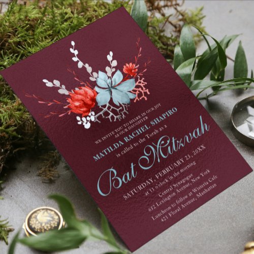 Watercolor Succulent Floral Botanical Bat Mitzvah Invitation