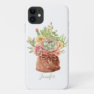 Watercolor Succulent Floral Botanical Personalized iPhone 11 Case