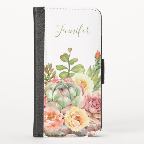 Watercolor Succulent Floral Botanical Personalized iPhone X Wallet Case