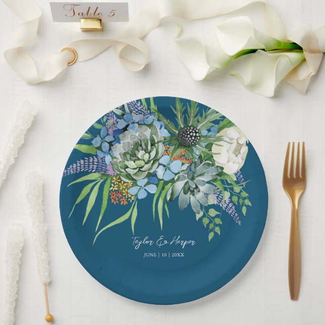 Watercolor Succulent Floral Bouquet Boho Wedding Paper Plates (Wedding)