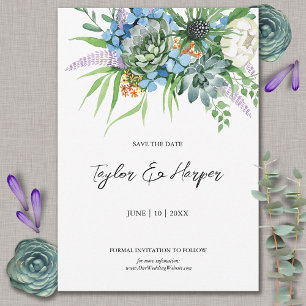 Watercolor Succulent Floral Bouquet Boho Wedding Save The Date