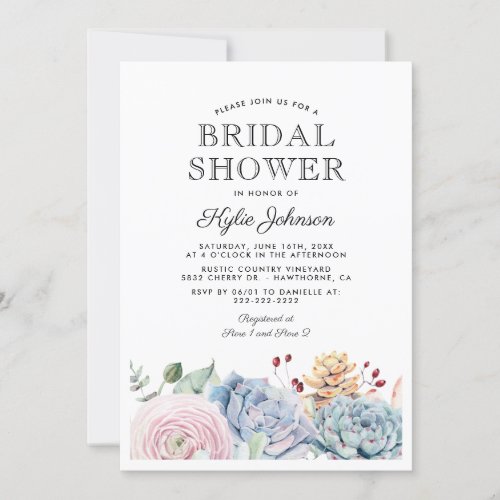 Watercolor Succulent Floral Bridal Shower Invitation - Elegant wedding bridal shower invitations featuring a classic white background, a watercolor display of pastel flowers & succulents, and a stylish bridal party template that is easy to personalize.
