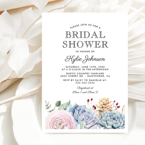 Watercolor Succulent Floral Bridal Shower Invitation